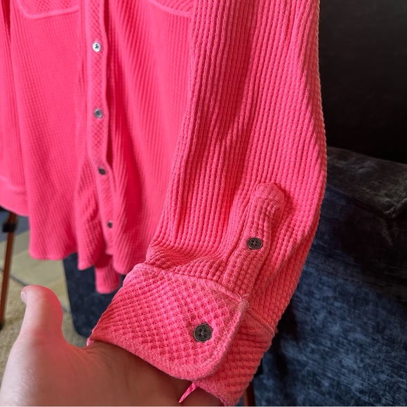 Aerie LumberJane Waffle Shirt Shacket Button Down Oversized in Coral Sun - Picture 11 of 14